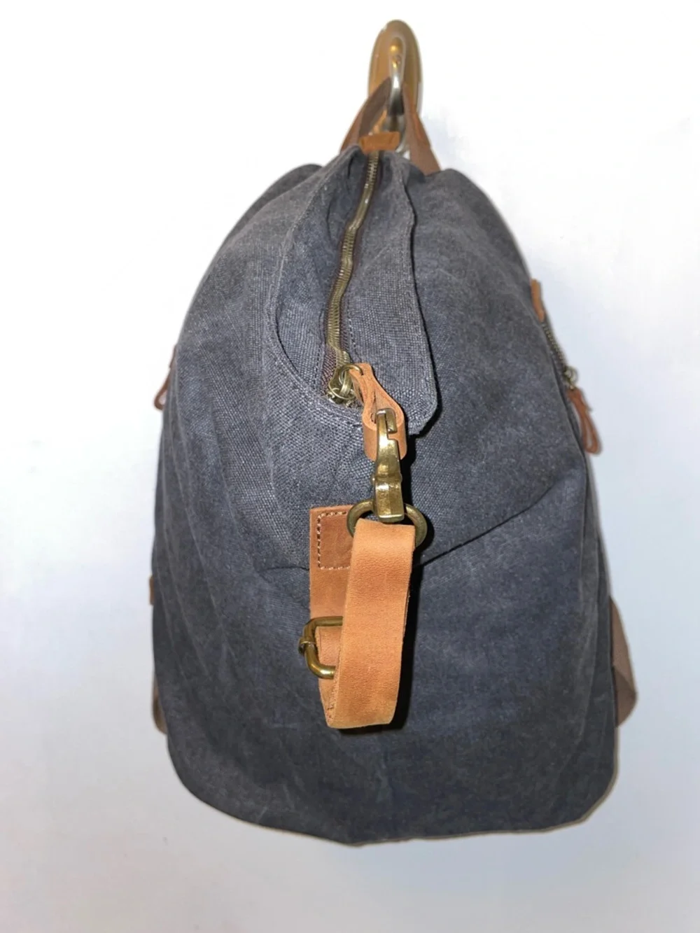Black Denim Canvas Weekender Bag with Tan Leather Trim